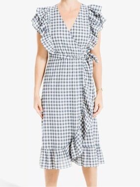 NEW Max Studio Feminine Ruffle Blue Gingham Midi Dress Large